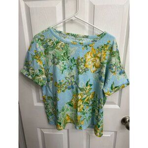 Talbots Hibiscus Tropical Print Short Sleeve Tee Shirt Blue Yellow - XL